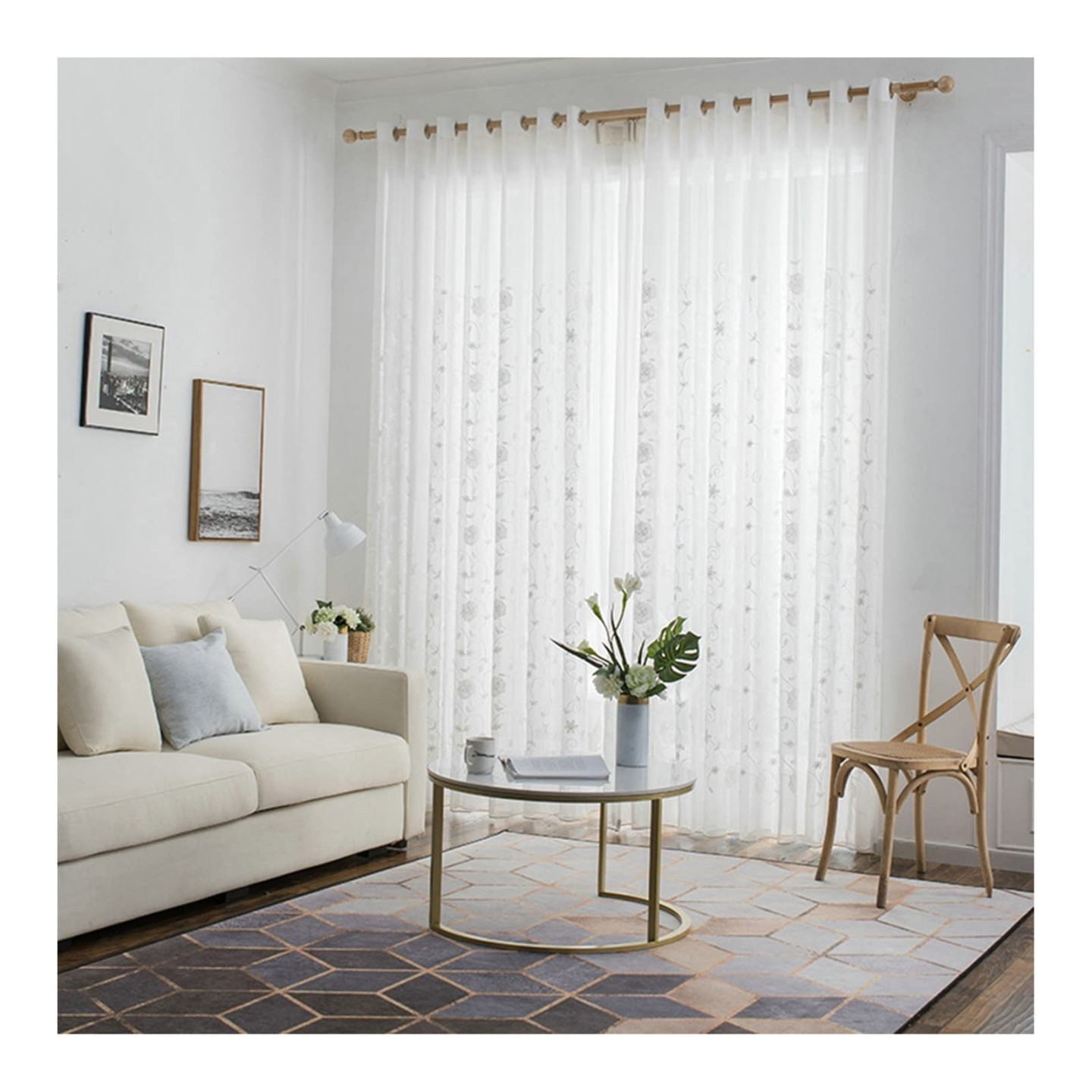 AMDXD Vorhänge Gardinen Wohnzimmer Weiß, Halbtransparent Wohnzimmer Vorhang  Transparent Blumen mit Ösen Optik Kurz Polyester Vorhänge Kinderzimmer